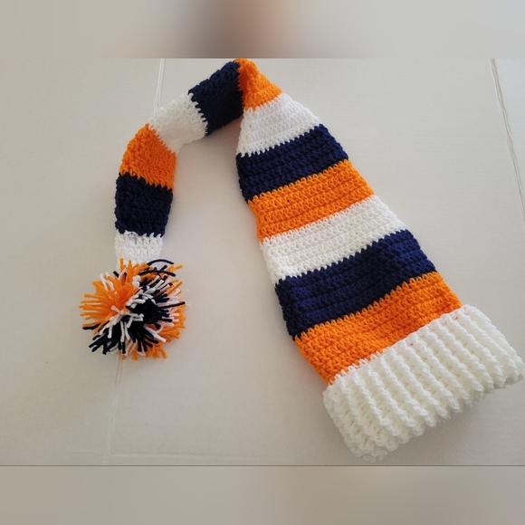 Striped Orange, Blue, and White Unisex Knit Crochet Stocking Cap Hat - Picture 1 of 3